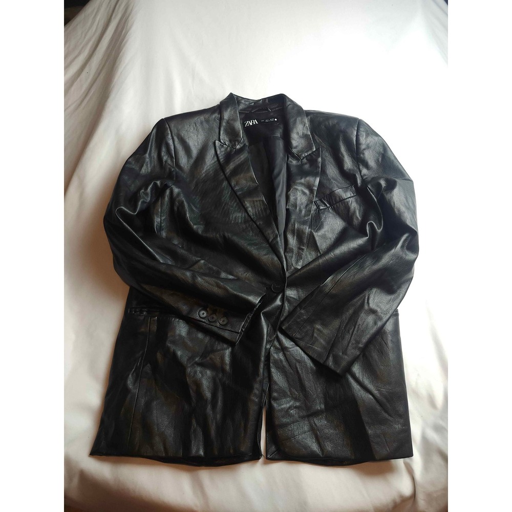 Zara Black Faux Leather Blazer Oversized Button Front Jacket Womens Large